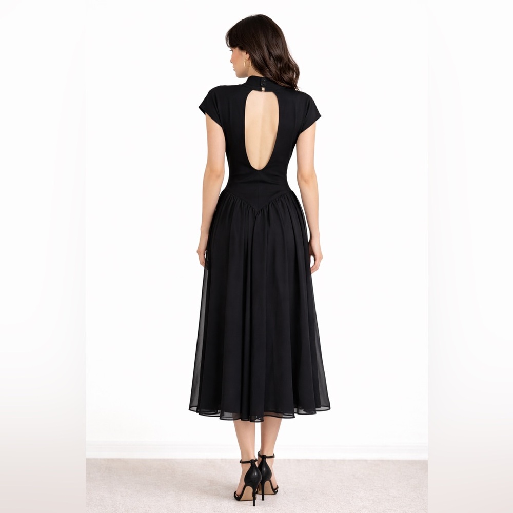 Vintage Arpeja Black Open-Back V-Waist Midi Dress Size 8 Black - Picture 2 of 11